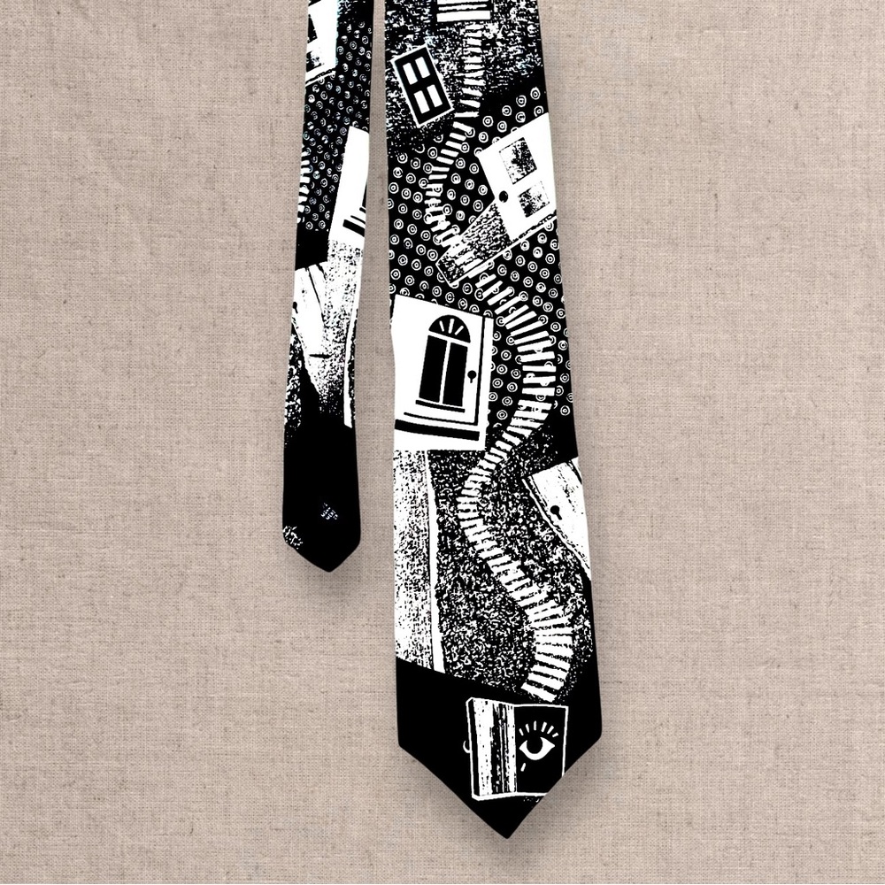 The Beatles Silk Necktie Long and Winding Road 1970 Graphic Black White Tie